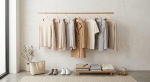 A minimalist, editorial-style photograph of a curated, high-quality capsule wardrobe featuring a neu