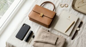 A minimalist flat-lay of a stylish woman's essentials including a leather handbag, a simple notebook