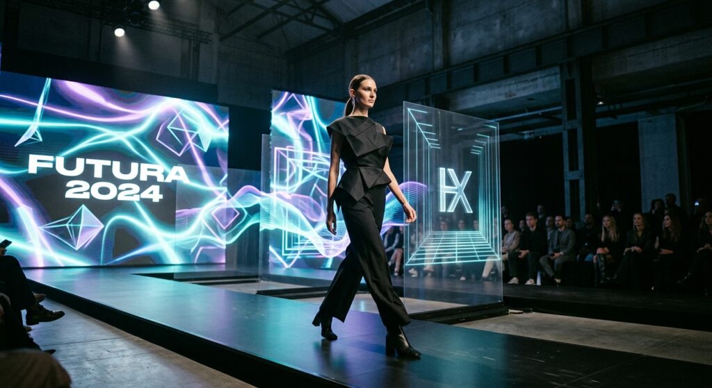 A high-end editorial photograph of a minimalist fashion runway featuring holographic projections and