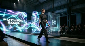 A high-end editorial photograph of a minimalist fashion runway featuring holographic projections and