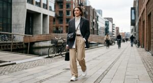 A high-end editorial street style shot of a fashion-forward individual in Copenhagen, featuring mini
