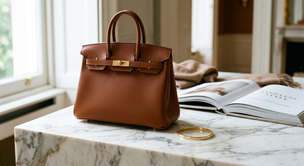 A high-end editorial shot featuring a premium leather handbag and a minimalist gold accessory placed