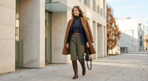 A high-fashion editorial shot of a stylish woman wearing sophisticated, expertly layered seasonal cl