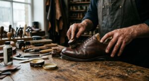 A high-end editorial close-up of a cobbler’s hands meticulously restoring a classic leather oxford s