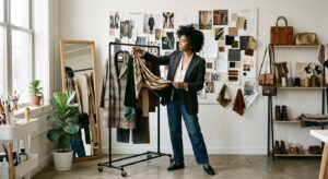 A high-end editorial fashion photograph of a stylish individual curating a unique outfit in a minima