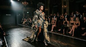 A high-fashion editorial shot capturing a striking model transformation on a dimly lit runway, featu