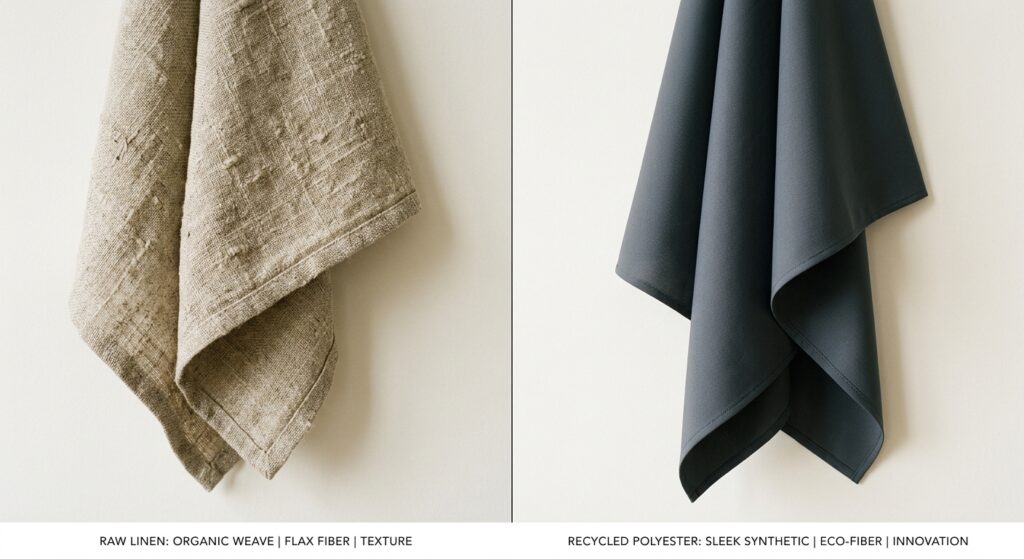 A high-end editorial split-screen photograph contrasting the textured, organic weave of raw linen fa