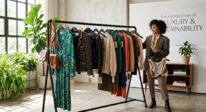 A high-end editorial fashion shot featuring a stylishly curated rack of vintage clothing in a bright