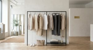 A minimalist, editorial-style photograph featuring a perfectly organized clothing rack with high-qua