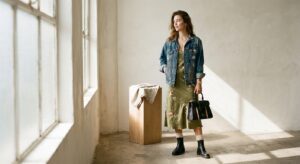 A high-end editorial fashion shot featuring a vintage denim jacket layered over a silk designer dres