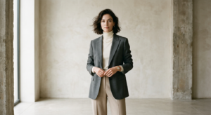 A minimalist, high-fashion editorial portrait of a modern movie star wearing understated luxury, fea