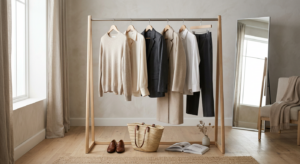 A minimalist, editorial-style photograph of a curated, high-end capsule wardrobe featuring high-qual