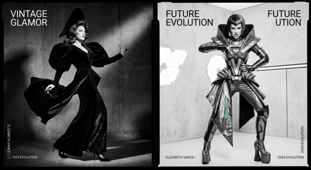 A high-end editorial split-screen composition featuring a stylized, avant-garde evolution of a pop s