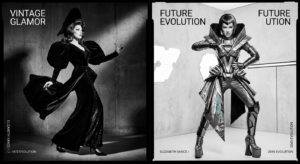 A high-end editorial split-screen composition featuring a stylized, avant-garde evolution of a pop s