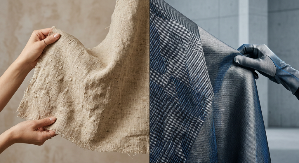 A high-end editorial split-screen composition featuring raw organic linen textures on one side and s