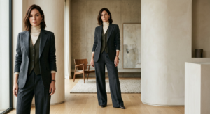 A professional editorial photograph of a confident woman in a perfectly tailored minimalist outfit t