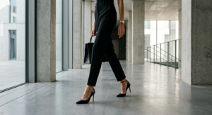 A sophisticated editorial shot of a stylish woman's legs in chic heels against a minimalist architec
