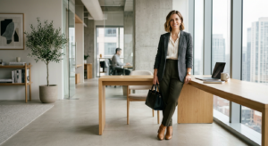 A professional editorial photograph of a stylish woman in a modern, minimalist office space showcasi