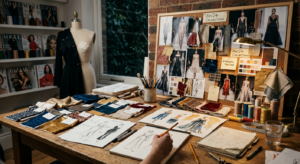 A high-end editorial shot featuring a creative workspace with scattered fashion sketches, fabric swa