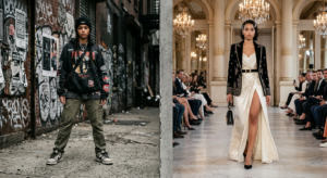 A professional editorial split-screen composition contrasting a gritty, urban streetwear outfit with