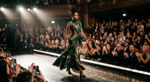 A cinematic, editorial-style shot of a high-fashion runway model illuminated by dramatic spotlights,