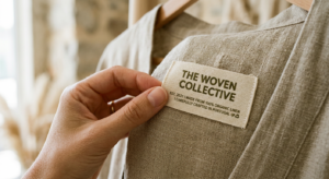 A professional, high-end editorial close-up of a clothing label being touched by a hand, emphasizing