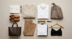 A minimalist, editorial-style flat lay featuring a curated collection of neutral-toned capsule wardr
